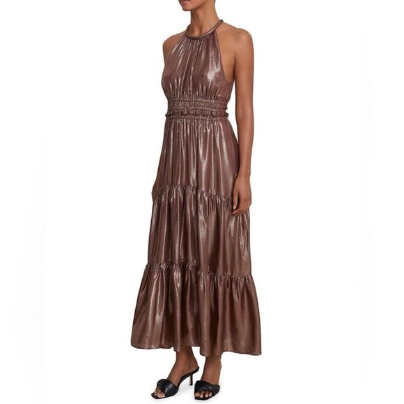 A.L.C. Elara Silk Blend Metallic Tiered Maxi Dress Bitter Chocolate Sz 14 - Picture 4 of 13